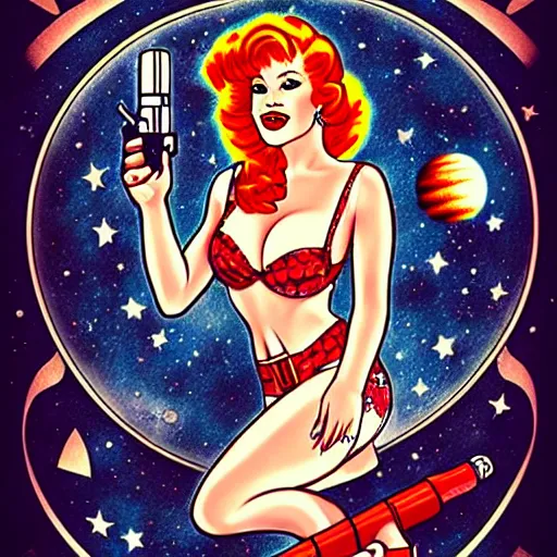 Image similar to photorealistic old school, traditional style tattoo sketch of most beautiful redhead pinup girl, full body portrait in space holding a lazer pistol and sitting on a rocket drawn by sailor jerry, vic james, electric martina, heath clifford, kimi vera