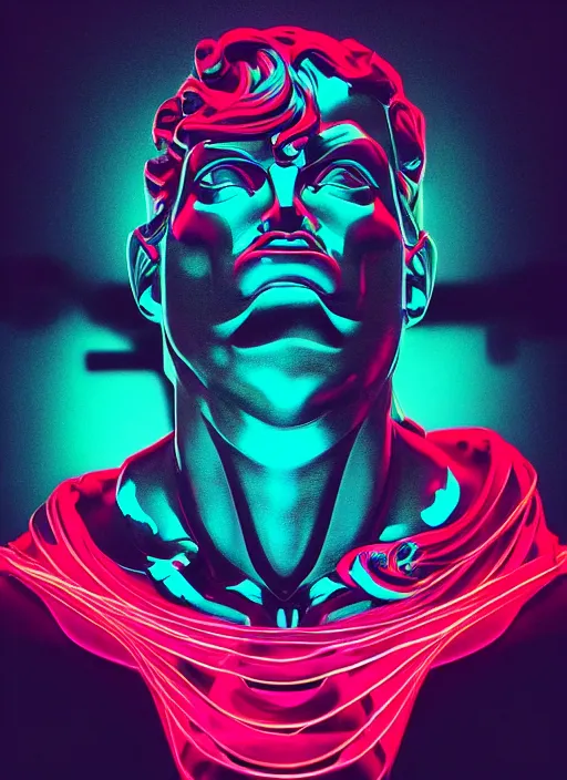 Image similar to statue of hercules, heroic, beeple, android jones, dan mumford, vaporwave, retrowave, black background, neon wiring, black, glitch, strong contrast, cuts, pinterest, trending on artstation