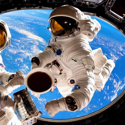 Image similar to two astronauts having a cup of tea with a table between them, floating in space, realistic photography