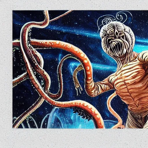 Image similar to painting of ian mckellen as terrorist from jupiter fighting an alien invasion in deep space, the aliens have long thick slimey amorphous tentacles, highly detailed, award painting, 8 k, alien landscape