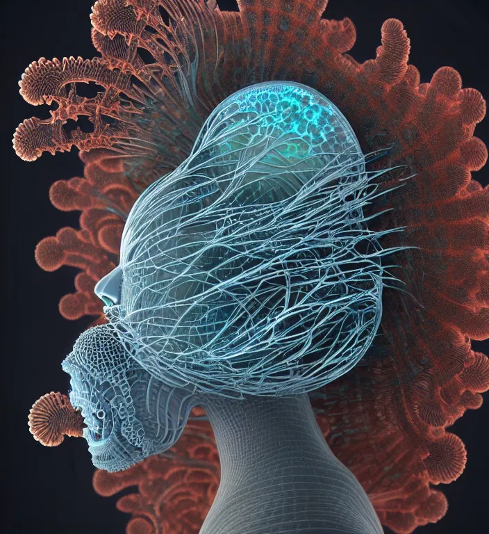 Image similar to portrait intricate mask, eagle coral, jelly fish, mandelbulb 3 d, fractal flame, octane render, cyborg, biomechanical, futuristic, by ernst haeckel