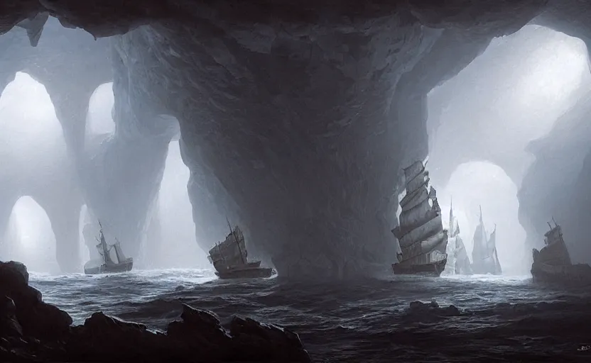 Prompt: A big galleon ship, three masts, front and center, in a cave. Underexposed, dark, pyramidal composition. Atmospheric matte painting by Darek Zabrocki and Christophe Vacher