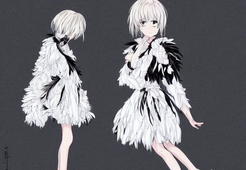 Image similar to little girl with a short white haircut wearing a dress made of black feathers, artwork in the anime style, dark, anatomically perfect