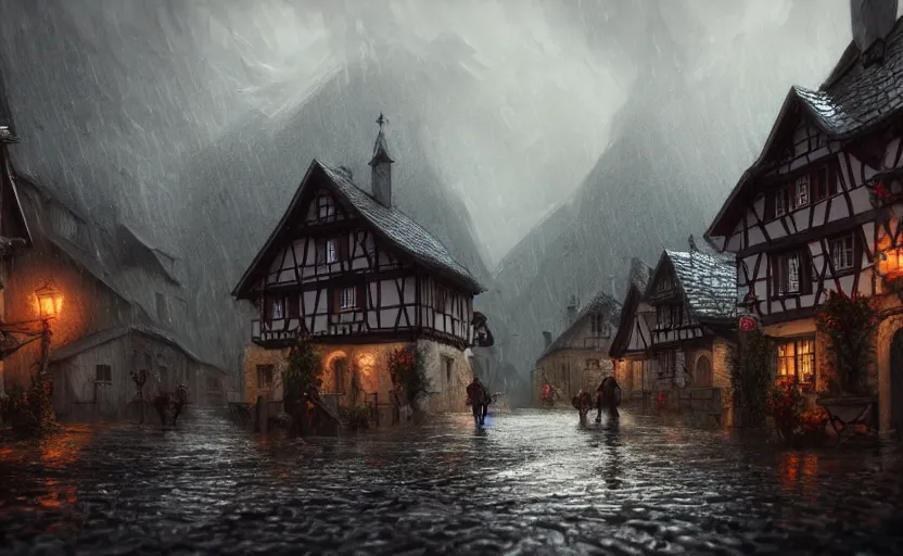 Image similar to extreme long shot concept art depicted rainy old austrian village, high details, dramatic mood, deep environment, art by legends of runeterra and tomasz jedruszek and gabor szikszai, trending on artstation, unreal engine, 8 k, 4 k