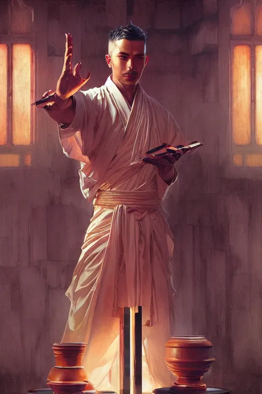 Image similar to male, temple, taoism, painting by greg rutkowski, j. c. leyendecker, artgerm