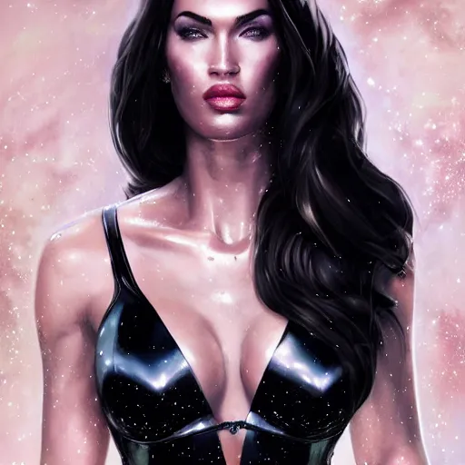 Image similar to portrait of megan fox wearing a tight black latex dress with galaxy lights and stars, sultry muscular body, fantasy, intricate, elegant, highly detailed, digital painting, artstation, concept art, matte, sharp focus, perfect face symmetry, illustration, art by aenaluck and roberto ferri and greg rutkowski, epic fantasy, digital painting