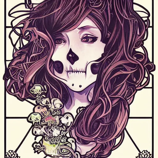 Prompt: anime manga skull portrait woman hair floral comic skeleton illustration style by Alphonse Mucha and James Jean and Sainer Etam pop art nouveau