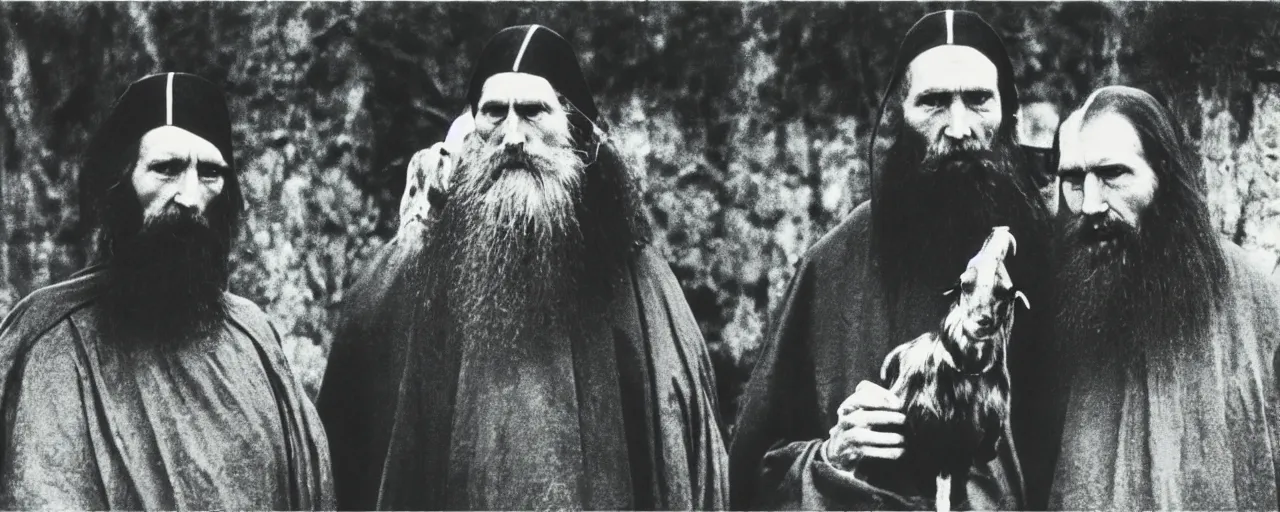 Prompt: still of breaton monks looking like rasputin with a goat from movie stalker ( 1 9 7 9 ) by andrei tarkovsky, polaroid