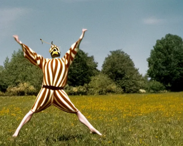 Image similar to William Dafoe dancing in the bee costume on the sunny meadow with clear sky, film still, very long shot, high detail