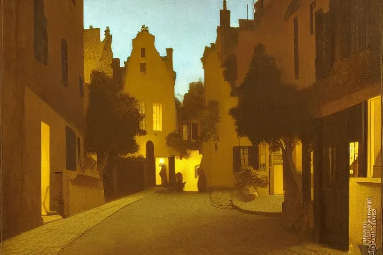 Prompt: winding street at midnight in a very old very beautiful city by George Price Boyce and Vermeer and Maxfield Parrish, glowing paper lanterns, strong dramatic cinematic lighting , ornate tiled architecture, lost civilizations, smooth, sharp focus, extremely detailed