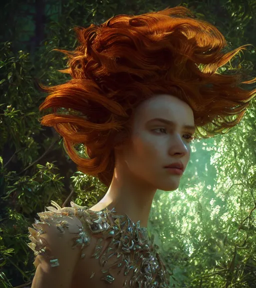 Image similar to beauteous practical sumptuous biomechanical with incredible hair, projected ray traced oled retinal overlays, crystalline masterpiece incrustations, hyperdetailed face, elegant pose, movie still, intricate, octane render, cinematic forest lighting, cgsociety, unreal engine, crepuscular rays, god rays