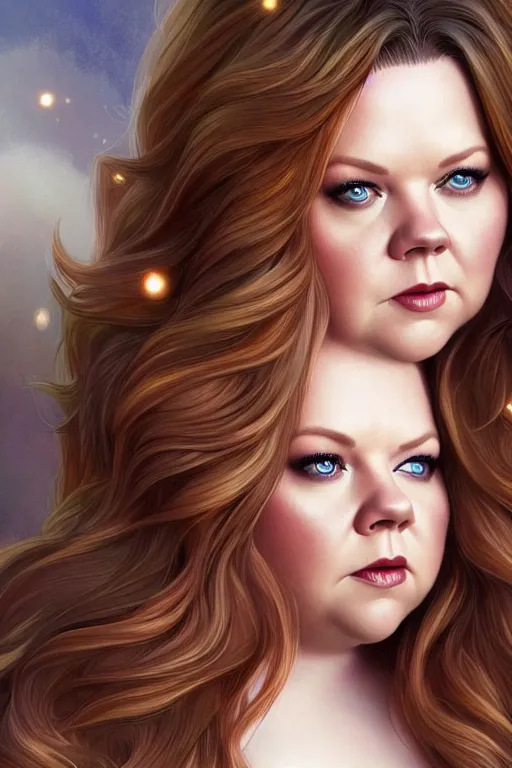 Prompt: Melissa McCarthy as an angel, fantasy, long hair, intricate, elegant, highly detailed, digital painting, artstation, concept art, smooth, sharp focus, illustration, art by artgerm and manara