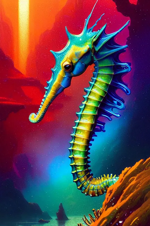 Image similar to highly detailed portrait of rainbow - colored seahorse, stephen bliss, unreal engine, fantasy art by greg rutkowski, rhads, ferdinand knab, makoto shinkai and lois van baarle, ilya kuvshinov, rossdraws, tom bagshaw, global illumination, radiant light, yellow blue theme, coral reef