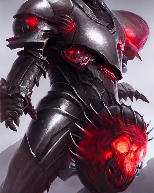 Prompt: concept art of a horrorfying futurstic obsidian black knight creature, red eyes and fangs, facing to the right | | epic - fine - fine details by stanley artgerm lau, wlop, rossdraws, and sakimichan, trending on artstation, brush strokes