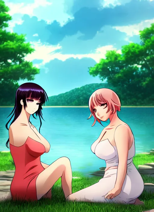 Prompt: two beautiful mothers out by the lake on a humid summer day, gorgeous faces, thick lines, cinematic lighting, detailed anime art