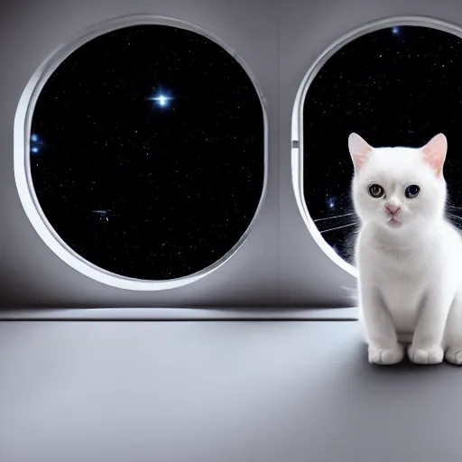 Image similar to cute little white cat in space with big eyes, hyper realistic, natural light, cozy atmospheric and cinematic lighting