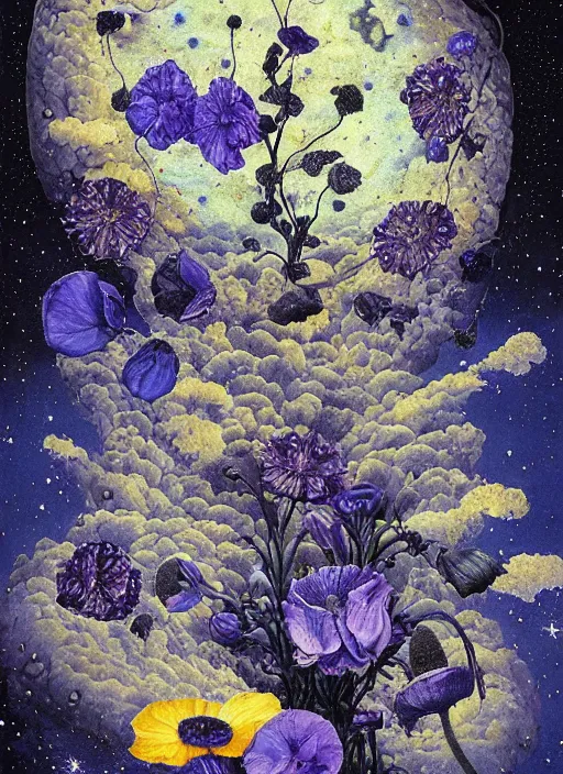 Image similar to detailed, intricate blue black and purple papaverum flower on the field, nebula, galaxy in the sky, winning award masterpiece, fantastically beautiful, illustration, aestheticly inspired, jacek yerka, upscale with anguissola sofonisba work, artstation, 8 k