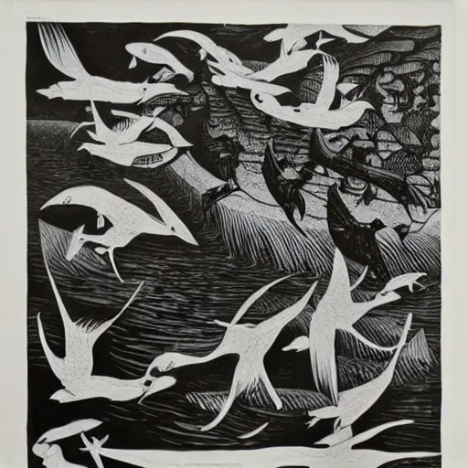 Image similar to escher print of storks and fish