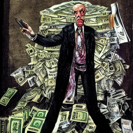 Image similar to Jacob Rothschild full body shot, dollar bills Body horror, biopunk, by Ralph Steadman, Francis Bacon, Hunter S Thompson