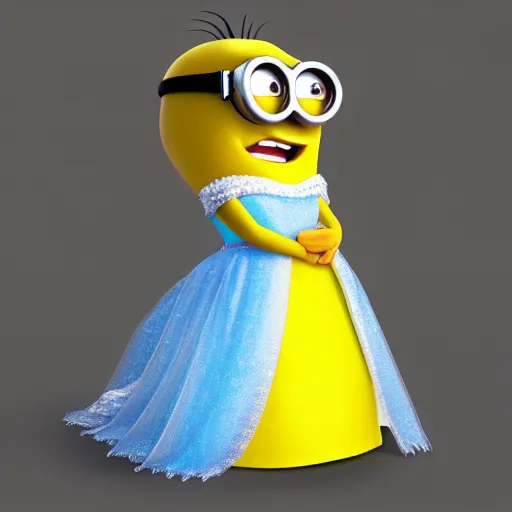 Image similar to Yellow minion from despicable me, wearing Princess Elsa dress from Frozen Disney, 3d ray tracing, HD, rendered, highly detailed model, centered, full body shot, wide angle lens