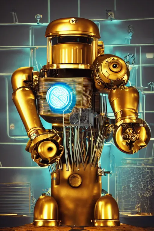 Prompt: portrait photo of a giant golden and blue metal steampunk kitchen robot cook chef with gears and tubes, eyes are green lights, shiny crisp finish, 3 d render, 8 k, insaneley detailed, fluorescent colors, background is multicolored lasershow