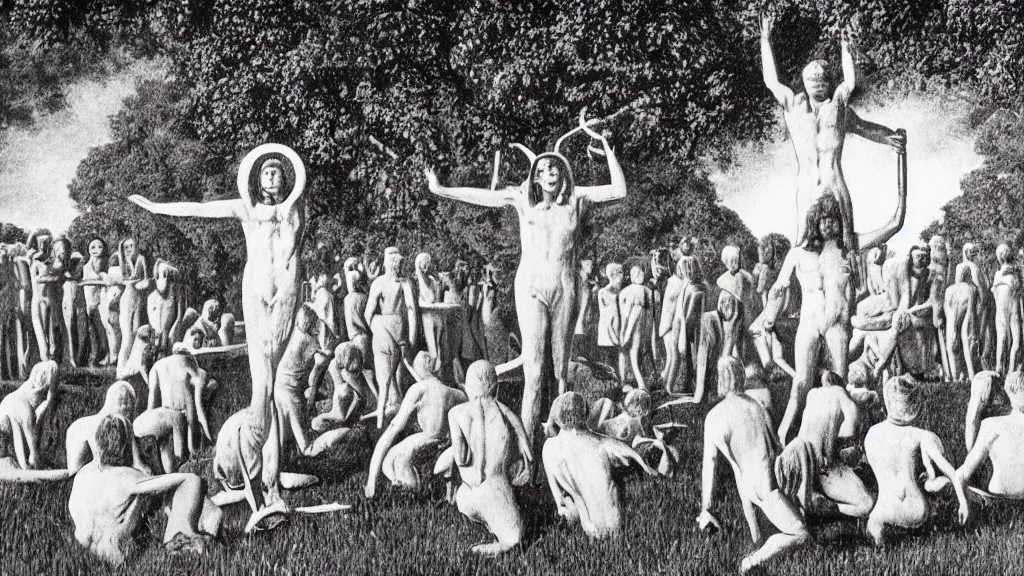 Prompt: A vintage scientific illustration from the 1970s of a Swedish cult performing a human sacrifice to the gods during the midsummer festival in Sweden in the summer on the meadows by René Magritte