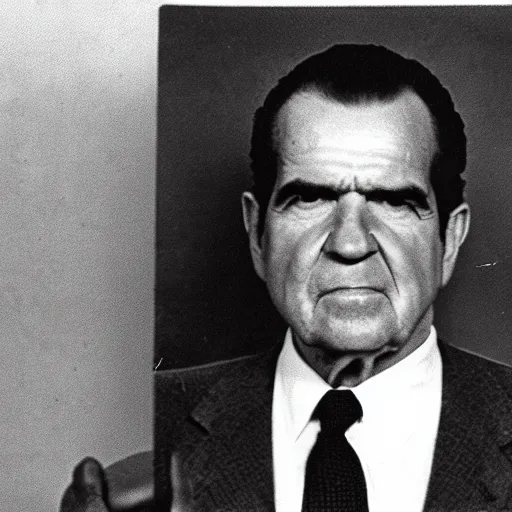 Prompt: mugshot of Richard Nixon holding prisoner number board