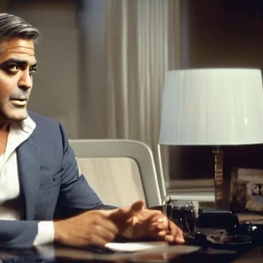 Image similar to George Clooney showing white blueprint on a tv screen, movie Ocean Eleven scene, cinematic, highly detailed