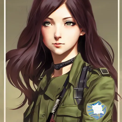 Prompt: soldier girl, trading card front, anime style, long hair, hair down, olive eyes, symmetrical facial features, from girls frontline, hyper realistic, pale skin, 4k, rule of thirds, extreme detail, detailed drawing, trending artstation, hd, fantasy, D&D, realistic lighting, by Alphonse Mucha, Greg Rutkowski, sharp focus, backlit, full soldier clothing