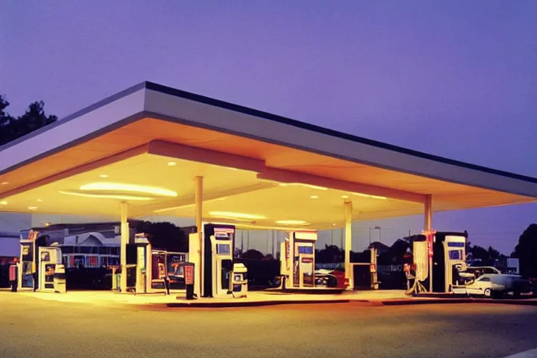 Image similar to a beautiful luxurious gas station, retro and 1 9 8 0 s style, beautiful architecture