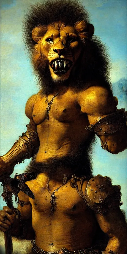 Prompt: close up of muscular lion barbarian hunter endoskeleton full body in portrait pose, sun rays , small bird sihouettes in cyan background , very textured detailed oil painting by rembrandt , hard backlight , in dark cave