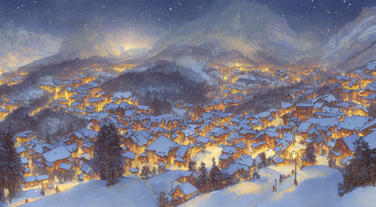 Prompt: A beautiful landscape painting of a small swiss mountain village in the snow at night by Alfons Maria Mucha and Julie Dillon and Makoto Shinkai