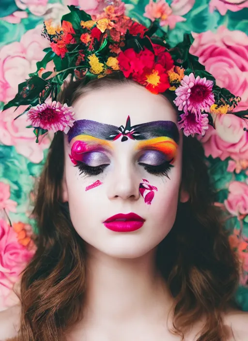 Image similar to a creative portrait of a beautiful female model, beauty shot, floral headpiece, floral painted backdrop, photography, creative makeup, face paint, female character, canon eos r 3, f / 1. 4, iso 2 0 0, 1 / 1 6 0 s, 8 k, raw, unedited, symmetrical balance, in - frame