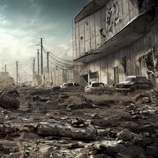 Image similar to 8 k hd detailed octane render of a post - apocalyptic wasteland