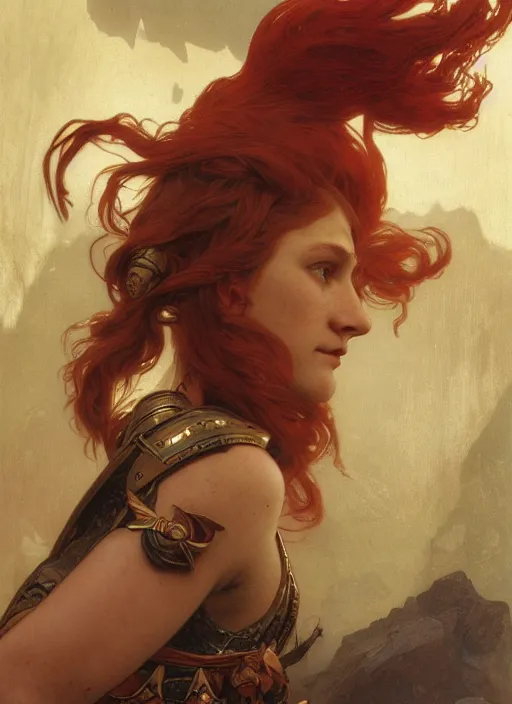 Prompt: face matte portrait of a beautiful red haired valkyrie in a heroic pose and wearing thick bronze plate armo art by albert bierstadt, alphonse mucha, andreas rocha, greg rutkowski, sharp edges. ultra clear detailed. 8 k. elegant. octane render