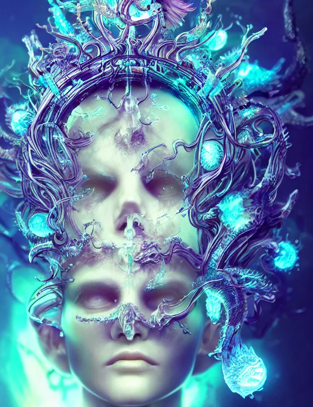 Image similar to goddess macro close - up portrait wigh crown made of ram skull. betta fish, jellyfish phoenix, bioluminiscent, plasma, ice, water, wind, creature, super intricate ornaments artwork by tooth wu and wlop and beeple and greg rutkowski