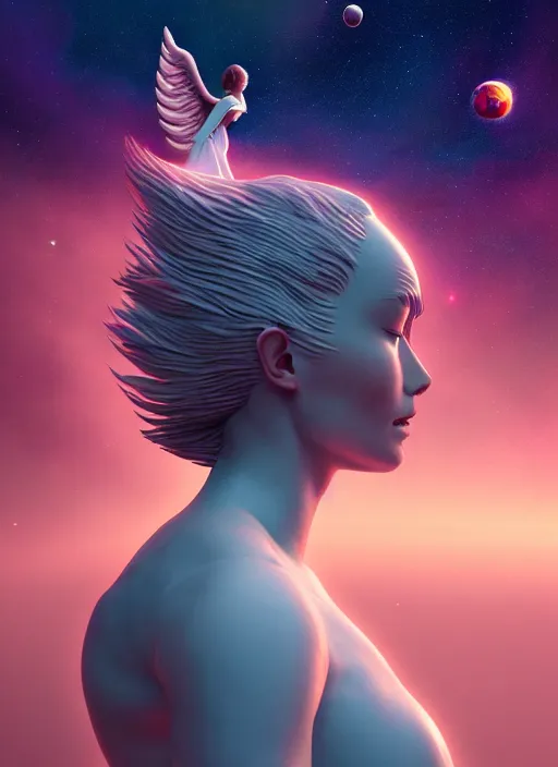 Image similar to falle angel, profile, full body, universe in the background, planets, sky, dream, highly detailed, digital painting, refreshing, trending on artstation, octane render, illustration by james jean