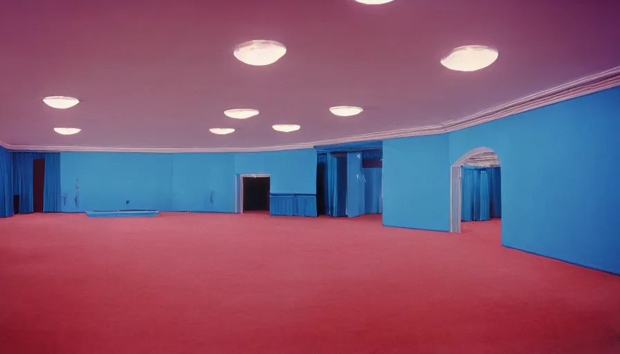 Prompt: 70s movie still of a ballroom with blue ceiling, cinestill 800t Technicolor, heavy grain, high quality, criterion collection, liminal space style