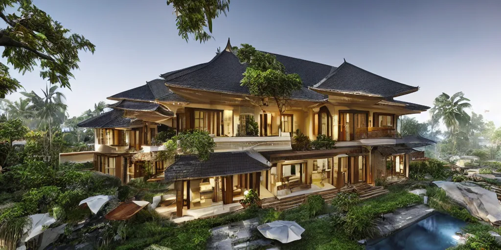 Image similar to 3d rendering of beautiful nature meets architecture concept of a residential house. balinese architecture, volumetric lighting, luxury, high detail, 14mm, cinematic photography, cg architects, high resolution