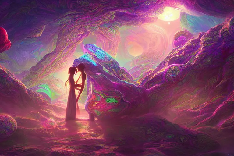 Image similar to a psychedelic realm at the edge of existence where intensely creative astral beings live, the astral beings are holding each other to share love, in the style of WLOP, illustration, epic, fantasy, hyper detailed, smooth, unreal engine, sharp focus, ray tracing