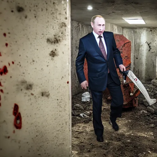 Image similar to putin with a chainsaw. in a concrete bunker with a pile of corpses. focus on putins face with blood splatters. canon eos r 3, f / 1. 4, iso 1 6 0 0, 1 / 8 0 s, 8 k, raw, grainy