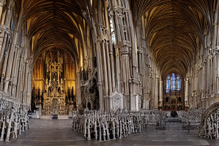 Image similar to a wide angle shot of a cathedral interior made of bones in the style of sedlec ossuary,