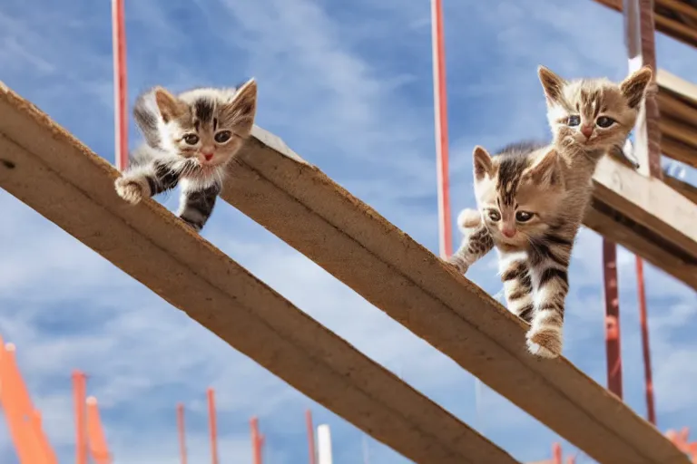 Image similar to kittens walking across a construction beam