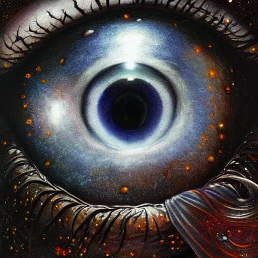 Prompt: low angle shot of a eye leaking black oil with the galaxy in the iris by clive barker, intricate, elegant, highly detailed, centered, digital painting, artstation, concept art, smooth, sharp focus, illustration, artgerm, Tomasz Alen Kopera, Peter Mohrbacher donato giancola, Joseph Christian Leyendecker, WLOP, Boris Vallejo.