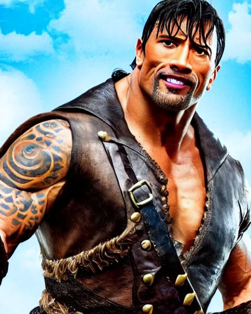 Image similar to Film still close-up shot of Dwayne Johnson as the Captain Hook from the movie Hook. Photographic, photography