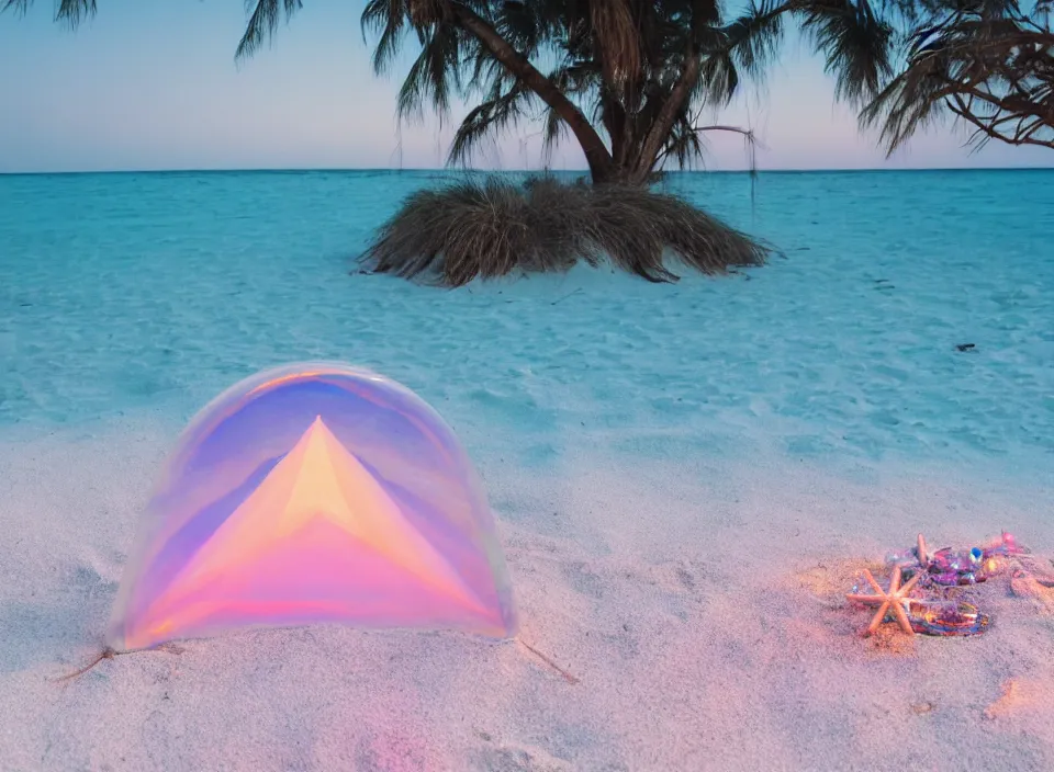 Image similar to a vintage family holiday photo of an empty beach from an alien dreamstate world with chalky pink iridescent!! sand, reflective lavender ocean water, dim bioluminescent plant life and an igloo shaped plastic transparent bell tent surrounded by holiday clutter opposite a pit with an iridescent blue flame flickering. refraction, volumetric, light.