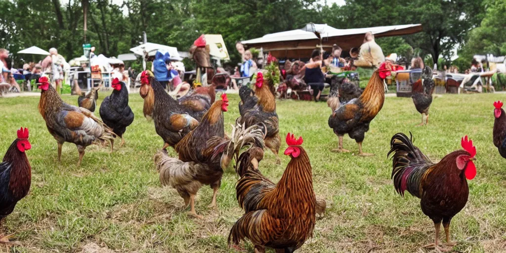 Prompt: summer music festival full of hen and roosters. no humans. tex fowl