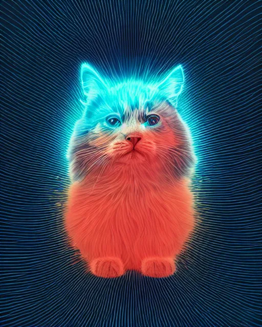 Image similar to highly detailed high resolution stacked plot of radio emissions from a pulsar, abstracted light refractions and stripy interference, making up a fluffy cat, silk screen t-shirt design 4K