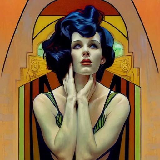 Image similar to a streamline moderne painting in the style of donato giancola, and in the style of charlie bowater, and in the style of alphonse mucha. symmetry, smooth, sharp focus, semi - realism, intricate detail.