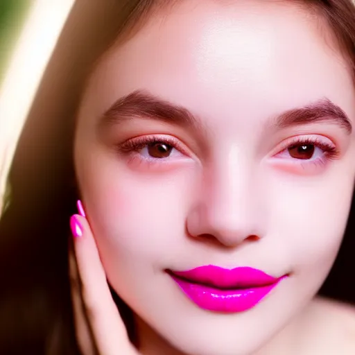 Prompt: gentle smile of a girl with light pink lipstick, close-up, color old photo, blur, soft shadows, volumetric light